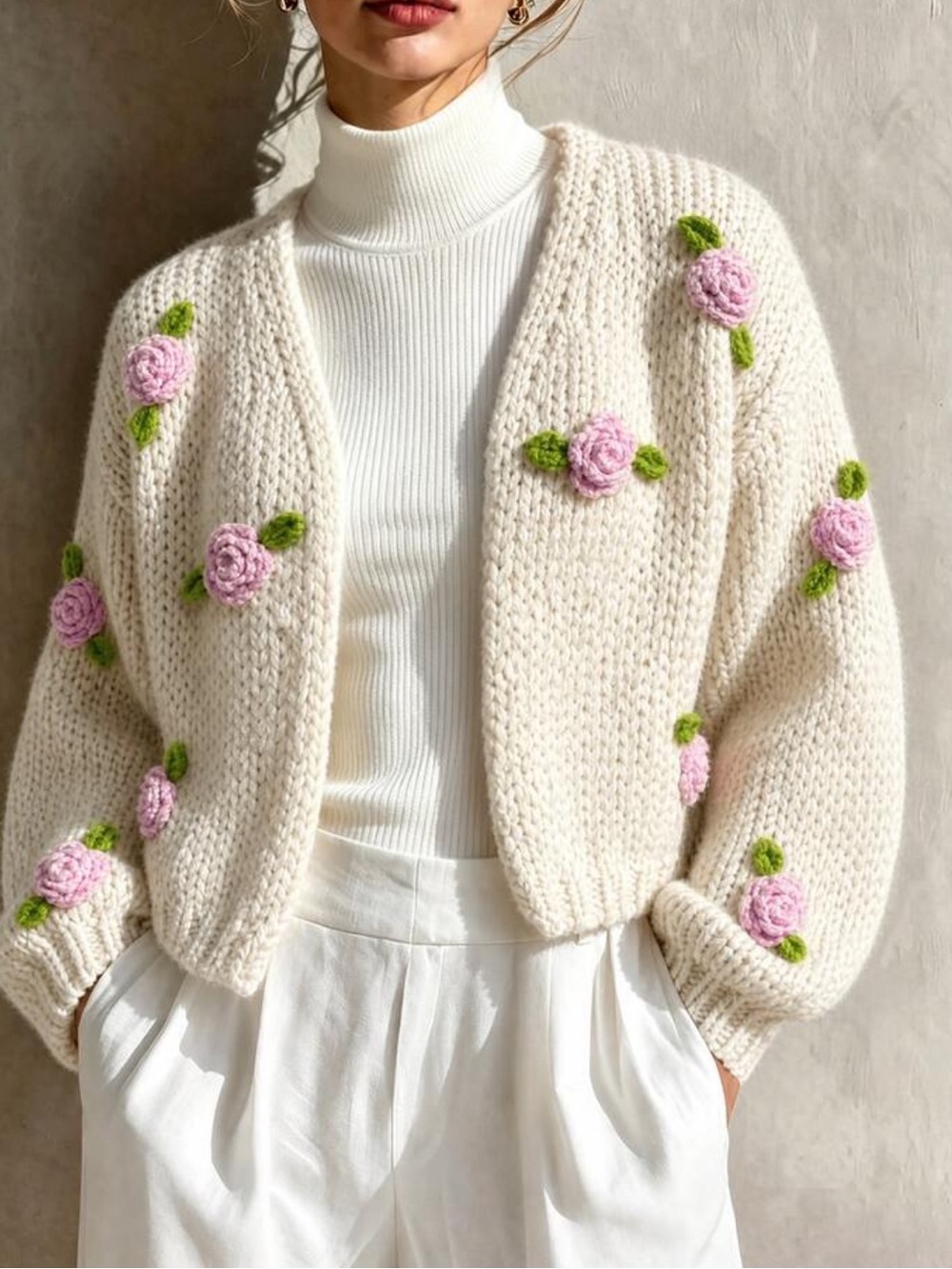 Women's 3D Floral Decor Drop Shoulder Long Sleeve Knit Cardigan
